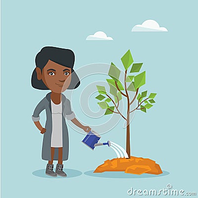 Young african-american woman watering a tree. Vector Illustration