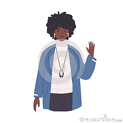 Young African-American woman waving with hand and saying hello. Smiling female character gesturing hi, greeting and Vector Illustration