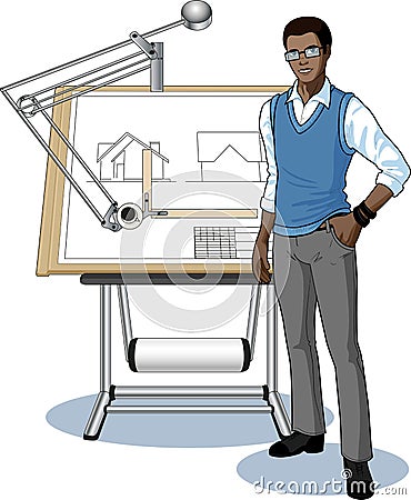 Young African architect student presenting his blueprint Vector Illustration