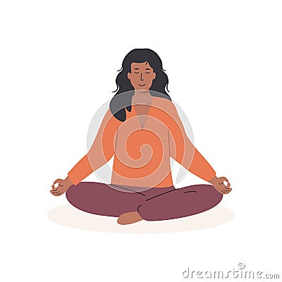 Young african black skin female meditating and doing yoga breathing exercise. Women character practicing Pranayama and Vector Illustration