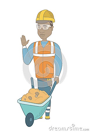 Young african builder standing near wheelbarrow. Vector Illustration