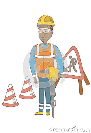 Young african builder using pneumatic hammer. Vector Illustration