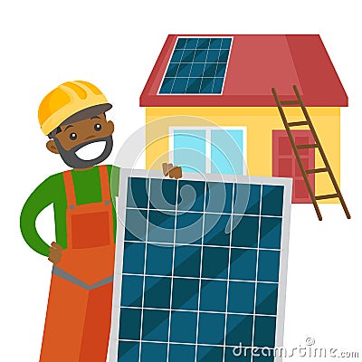 Young african constructor installing solar panel. Vector Illustration