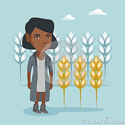 Young african farmer standing in a wheat field. Vector Illustration