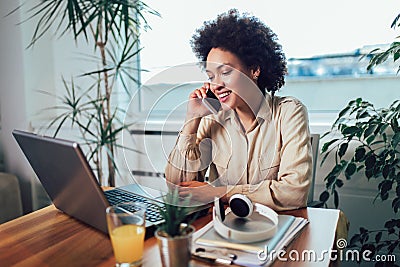 Young African female entrepreneur sitting at a desk in her home office working online with a laptop Stock Photo