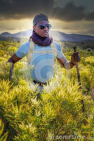 A young African male hiking on a hiking trail amongst the fynbos and proteas during spring time Stock Photo