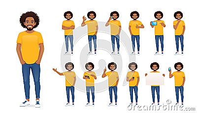 Young african man in casual clothes set Vector Illustration