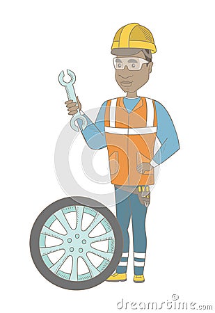 Young african mechanic with tyre and spanner. Vector Illustration