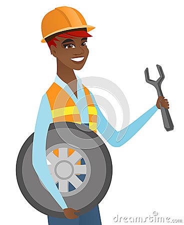 Young african mechanic with tyre and spanner. Vector Illustration