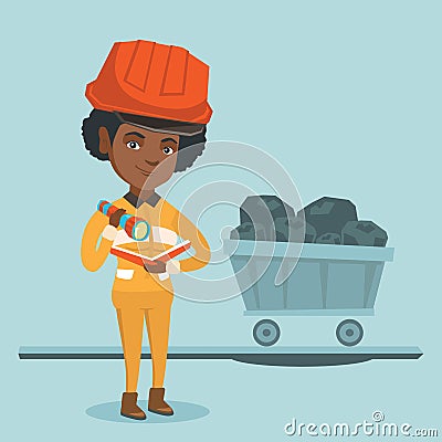 African miner checking documents with flashlight. Vector Illustration