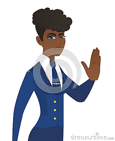 Young african stewardess showing stop hand gesture Vector Illustration