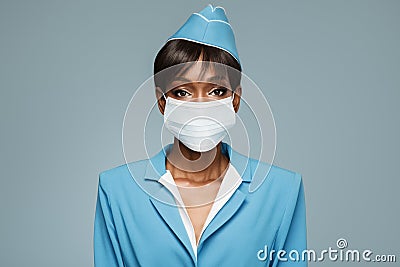 Young african stewardess wearing an antiviral mask on her face. Stock Photo