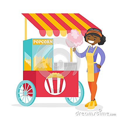 Young african street seller selling cotton candy. Vector Illustration