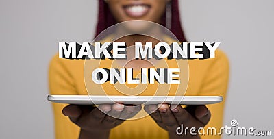 Young african woman Making money online easily with laptop Stock Photo