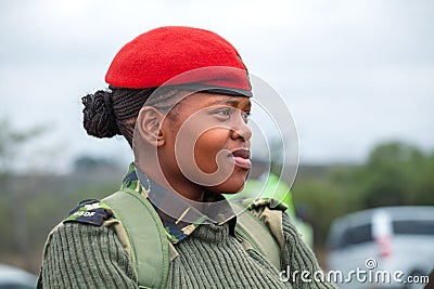 Young african woman officer in red beret and green uniform of Umbutfo Swaziland Defence Force USDF Editorial Stock Photo