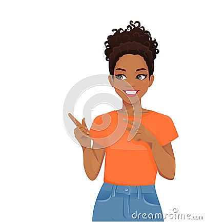 Young african woman pointing away Vector Illustration
