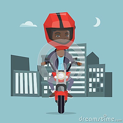 Young african woman riding a motorcycle at night. Vector Illustration