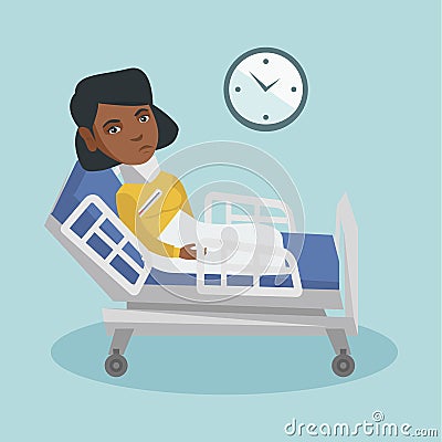 Young african woman sick with fever laying in bed. Vector Illustration