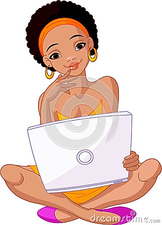 Young African woman sitting on cushion with laptop Vector Illustration