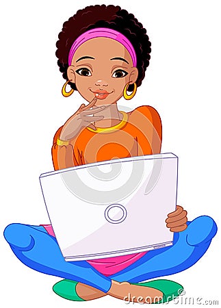 Young African Woman Sitting On Cushion with Laptop Vector Illustration