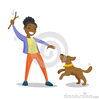 African-american woman training dog with stick. Vector Illustration