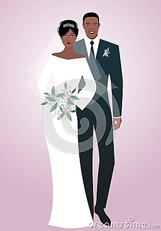 Young afro couple of newlyweds wearing wedding clothes. Elegant groom with suit and tie and beautiful bride with veil holding a bo Stock Photo