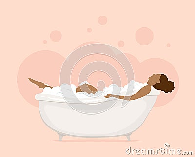 Woman in Bathtub in Pink Bathroom Vector Illustration