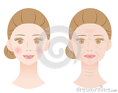 Young firm skin and old winkled skin of woman face. Before and after skin care concept Vector Illustration