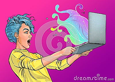 Young amazed woman with laptop in the hand in comic style. IT Advertising poster of smart girl standing and using computer. Stock Photo