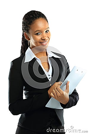 young american african business woman with clipboard Stock Photo