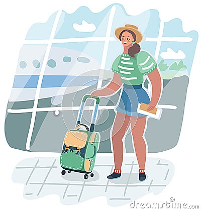 Young American woman in airport. Vector Illustration
