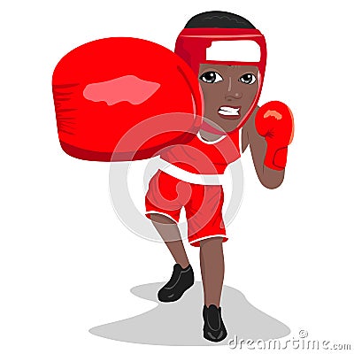 Young angry african american boxer wearing boxing headguard punching to front Vector Illustration