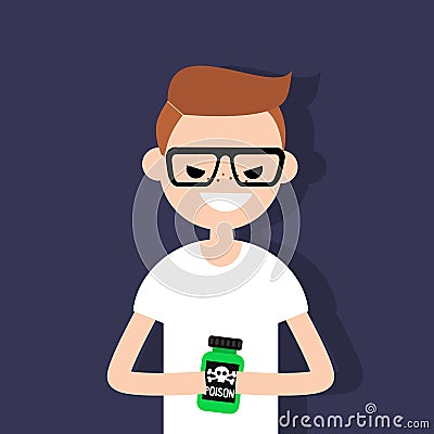 Young angry character holding a bottle with a poison sign Vector Illustration