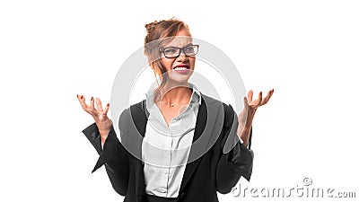Young angry confused businesswoman screaming and keeps hands up with fingers like a claws. Stock Photo