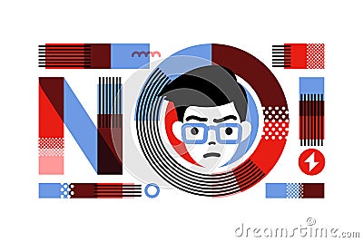 Young angry male character in frame of slogan no lettering. Flat style concept for prohibition or protest Vector Illustration