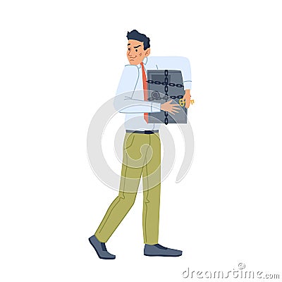 Young angry man protect closed vault safe isolated Vector Illustration