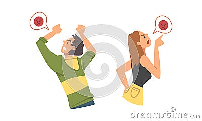 Young Angry Man and Woman Character Expressing Discontent in Social Media Vector Illustration Set Vector Illustration