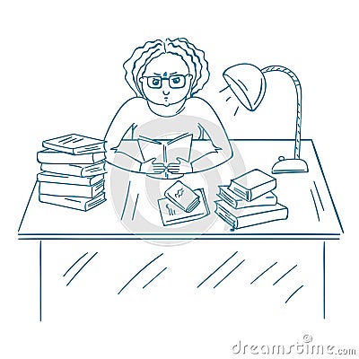 Young angry student studying with books. Bored female student studying in the library. Vector Illustration
