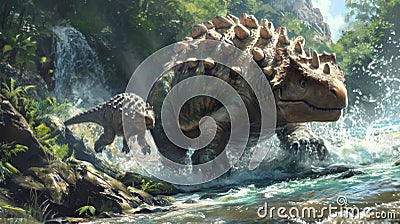 A young ankylosaurus being lifted to safety by its parent who uses its powerful tail to battle against the rushing Stock Photo