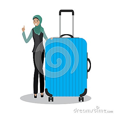 Young arabic female holding blue modern suitcase Vector Illustration