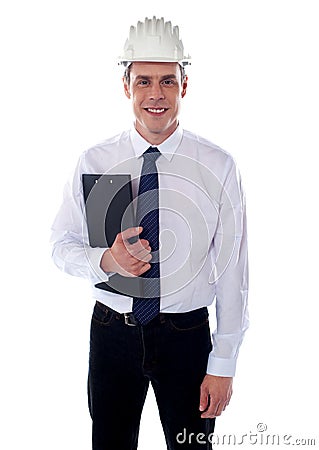 Young architect holding clipboard Stock Photo