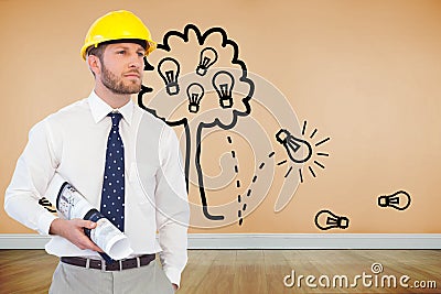 Young architect posing with hard hat and plan Stock Photo