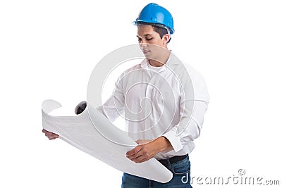 Young architect reading plan occupation job isolated Stock Photo