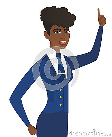 Young arican stewardess pointing foreinger up. Vector Illustration