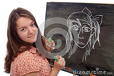 Young artist with black board and colored chalk Stock Photo