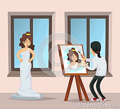 Young artist drawing portrait of beautiful girl Vector Illustration