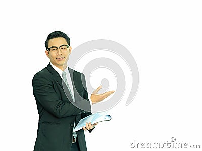 Young Asian businessmen present information about business statistics for use in business competition Stock Photo