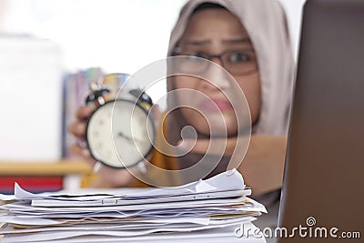 Young Businesswoman Worried by Time, Work Deadline Stress Stock Photo