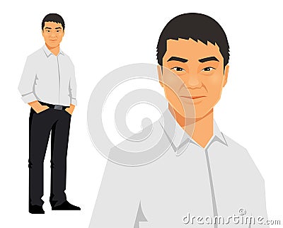 Young asian, chinese, casual business man standing. Vector Illustration