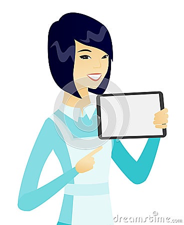 Young asian cleaner holding tablet computer. Vector Illustration